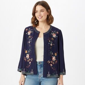Anthropologie Embroidered Linen Blend Button Cardigan Jacket Navy L Solitaire